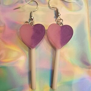 Handmade Pink Purple Ombre Glitter Resin Heart Lollipop Dangle Earrings